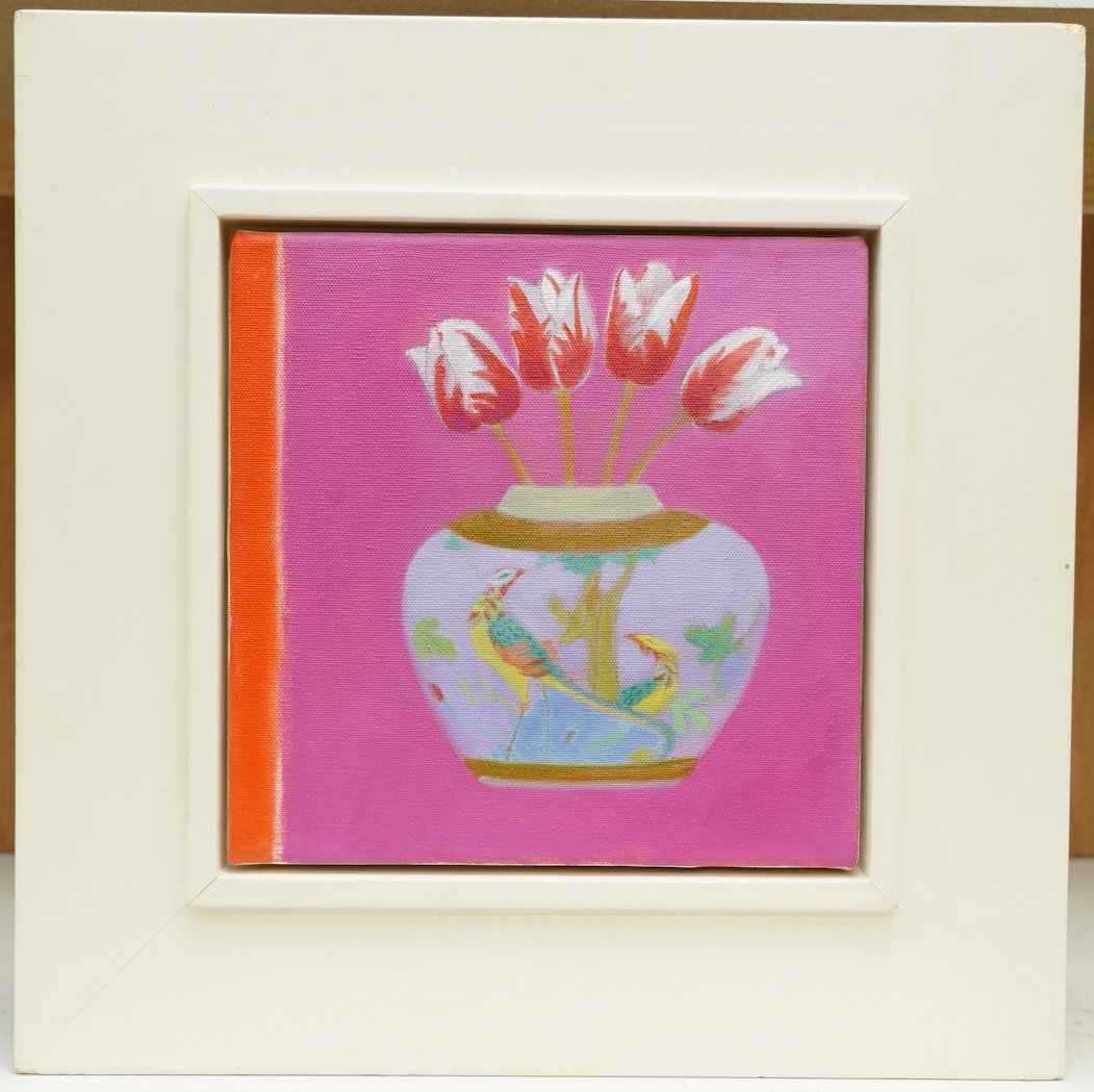 Janet Tod (Contemporary), oil on canvas, Still life of tulips in a vase, signed verso, 25.5 x 25.5cm. Condition - good